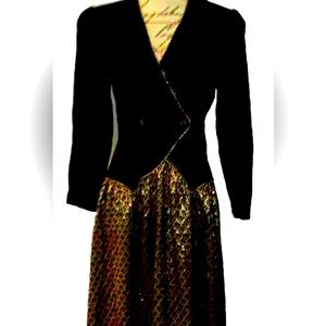 🌟Vintage 80’s Crushed Velvet Gold Lame Full Skirt Party Dress